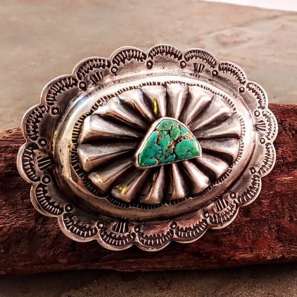 Navajo Accessories - Sterling Large Navajo Turquoise Concho Belt Buckle